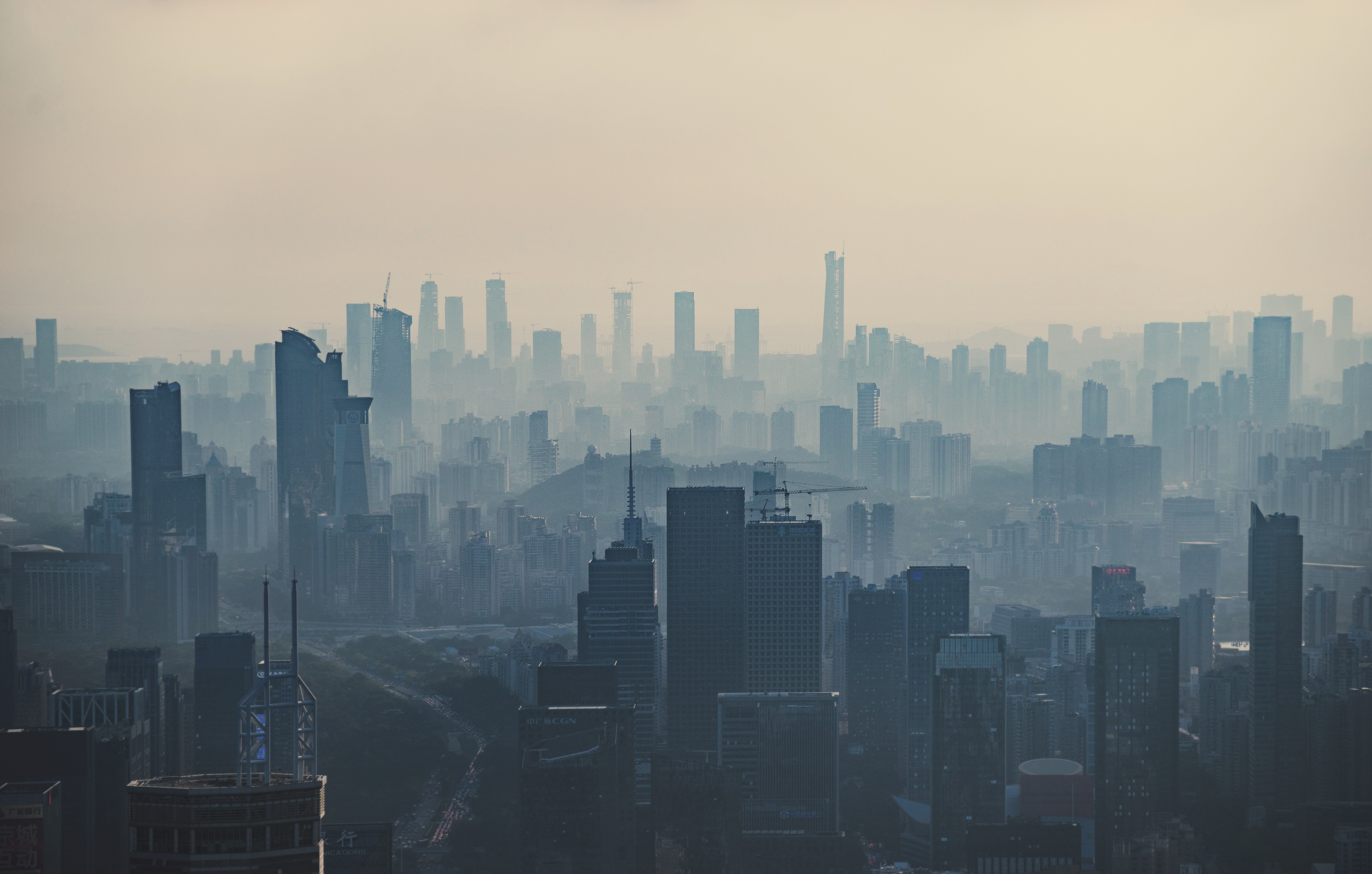 China Shenzhen Skyscrapers in polluted atmosphere, by AstraZeneca